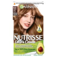 Garnier Nutrisse Ultra Crème Dye, Vegan, 6.3 Golden Light Brown, radiant highlights, no ammonia.