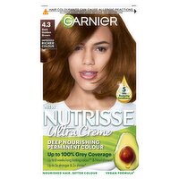 Garnier Nutrisse Ultra Crème Dye, Vegan, 4.3 Dark Golden Brown, rich, sun-kissed glow for hair.