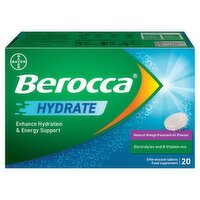 Berocca Hydrate Vitamin Tablets with Natural Mango Passionfruit Flavour - Energy Support & Electrolytes for Fast Hydration - B Vitamins & Magnesium - 20 Tablets