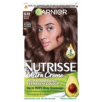 Garnier Nutrisse Ultra Crème Dye, Vegan, 5.12 Glacial Brown, cool, sophisticated tones for hair.