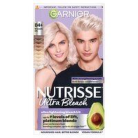 Garnier Nutrisse Ultra Bleach Dye, 4X Stronger, Vegan, D4+ Platinum Blonde for intense lift.