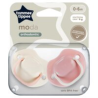 Tommee Tippee 2x Moda Soothers with Steriliser Pod, Symmetrical, BPA Free, 0-6m