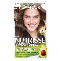 Garnier Nutrisse Ultra Crème Dye, Vegan, 6N Nude Light Brown, 100% grey coverage, no ammonia.