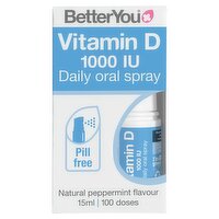 BetterYou Vitamin D 1000 IU Daily Oral Spray, Pill-free Vitamin D3 Supplement, 3-month Supply, Natural Peppermint Flavour