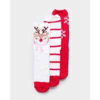 Kids Christmas Fluffy Socks - Pack Of 3 Red 4-6.5