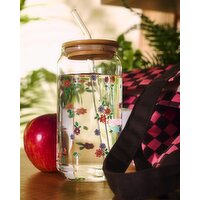 Printed Glass Tumbler With Straw - 470ml Flower