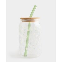 Printed Glass Tumbler With Straw - 470ml Flower