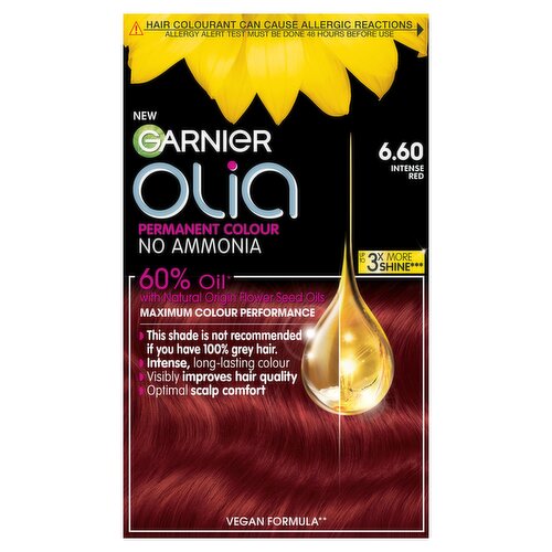 Garnier Olia 6.60 Intense Red: 100% Grey Coverage, No Ammonia, for vibrant, long-lasting red.