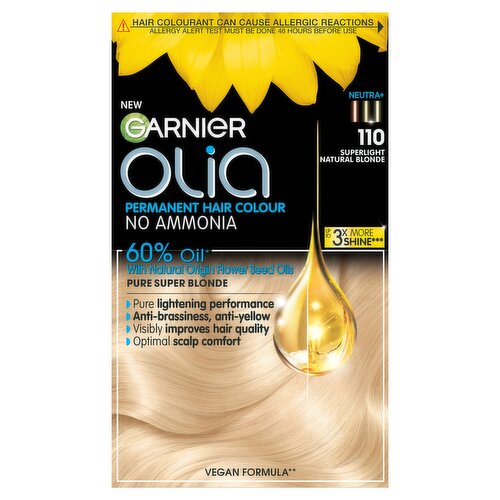 Garnier Olia 110 Super Light Natural Blonde: No Ammonia Permanent Dye, for ultra-luminous shine.