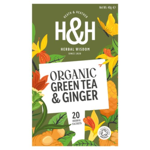 Heath & Heather Organic Green Tea & Ginger 20 Herbal Sachets 40g