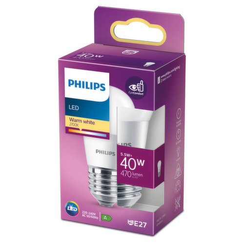 Philips LED Frosted Candle Bulb E27 Edison Screw 5.5W (40 Equivalent) Non-Dimmable Warm White