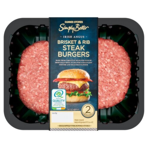 Dunnes Stores Simply Better 2 Irish Angus Brisket & Rib Steak Burgers 340g
