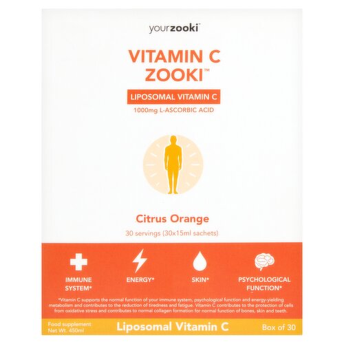 Yourzooki Vitamin C Zooki Liposomal Vitamin C 1000mg L-Ascorbic Acid Citrus Orange Sachets 30 x 15ml