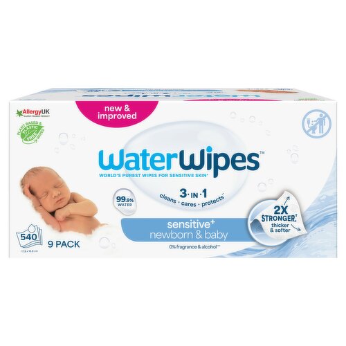 WaterWipes Sensitive+ Newborn & Baby Wipes, 3-In-1 Cleans, Cares, Protects, 99.9% Water, Unscented, 540 Count