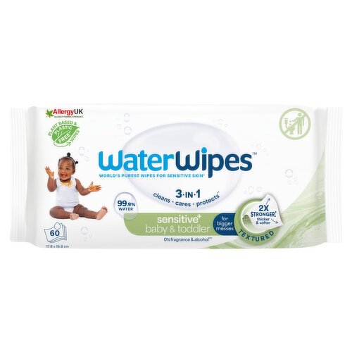 WaterWipes Sensitive+ Baby & Toddler Wipes, 3-In-1 Cleans, Cares, Protects, 99.9% Water, Textured Clean, Unscented & Hypoallergenic, 720 Count (12 Packs)