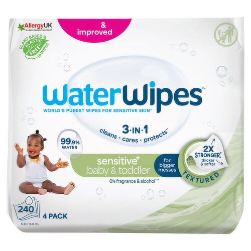 WaterWipes Sensitive+ Baby & Toddler Wipes, 3-In-1 Cleans, Cares, Protects, 99.9% Water, Textured Clean, Unscented, 240 Count
