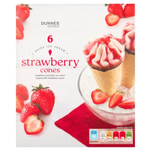 Dunnes Stores Dairy Ice Cream Strawberry Cones 396g (6 x 66g)