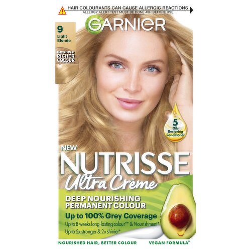 Garnier Nutrisse Ultra Crème Vegan Dye, 9 Light Blonde: Bright, luminous, long-lasting hair colour.