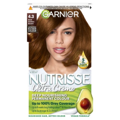 Garnier Nutrisse Ultra Crème Dye, Vegan, 4.3 Dark Golden Brown, rich, sun-kissed glow for hair.