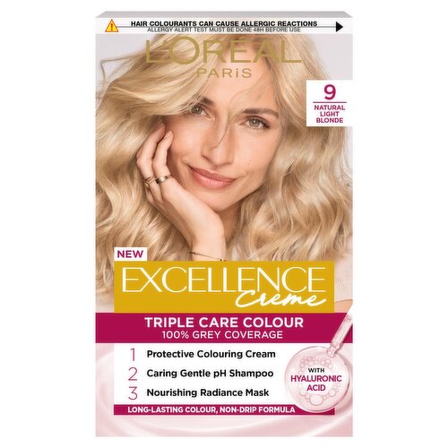 Excellence Créme 9 Light Blonde: 100% Grey, enhanced quality & shine, for radiant hair.