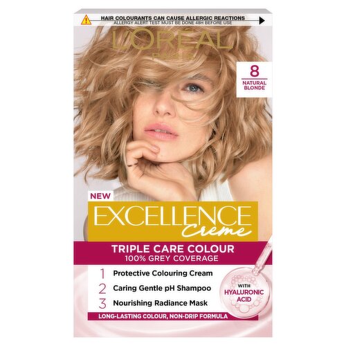 Excellence Créme 8 Natural Blonde: 100% Grey, nourished, vibrant, long-lasting color.