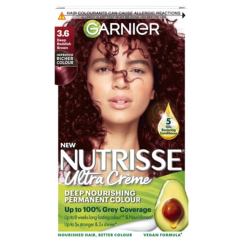 Garnier Nutrisse Ultra Crème Dye, Vegan, 3.6 Deep Reddish Brown, vibrant, warm hair hue.