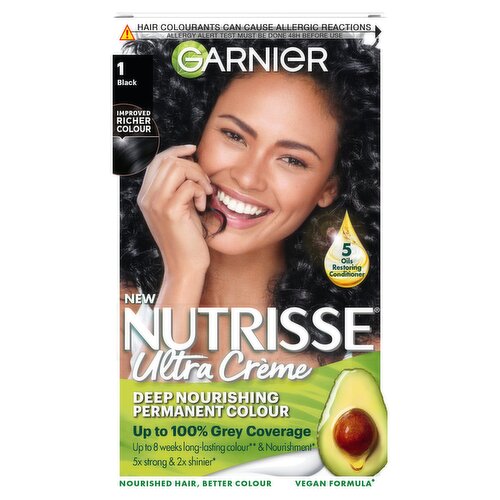 Garnier Nutrisse Ultra Crème Dye, Vegan, 1 Black, bold, intense, and glossy hair finish, 100% grey.