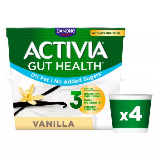 Activia Vanilla Fat Free No Added Sugar Gut Health Fruit Yoghurt Multipack 4x115g