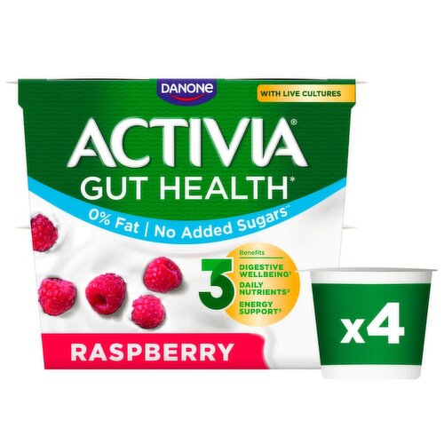 Activia Raspberry Fat Free No Added Sugar Gut Health Fruit Yoghurt Multipack, 4x115g