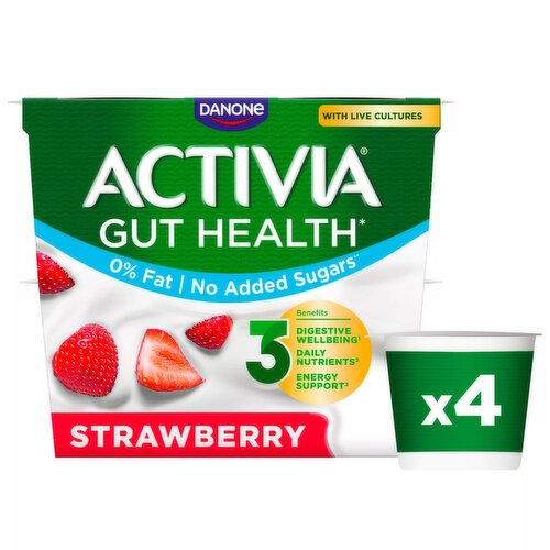 Activia Strawberry No Added Sugar Fat Free Gut Health Yoghurt  Multipack 4x115g