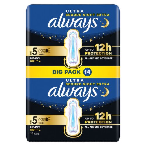 Always Ultra Sanitary Towels Heavy Flow Night (Size 5) Wings 14 Pads
