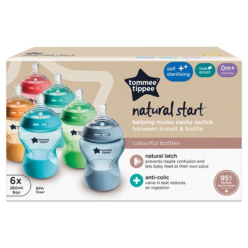 Tommee Tippee 6x 260ml Natural Start Anti-Colic Baby Bottles, Slow-Flow Teat 0m+