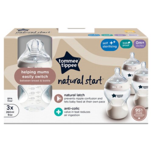 Tommee Tippee 3x 260ml Natural Start Anti-Colic Baby Bottle, Slow Flow Teat, 0m+