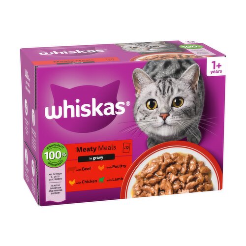 WHISKAS 1+ MEATY Meals Wet Cat Food Pouches in Gravy 12 x 85g