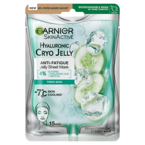 Garnier Anti-Fatigue Hyaluronic Acid & Icy Cucumber Cryo Jelly Face Mask, Vegan and Cruelty-Free