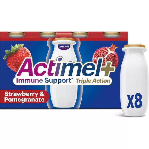Actimel Triple Action 100% Vitamin D Strawberry & Pomegranate Live Yoghurt Drink Multipack 8x100g