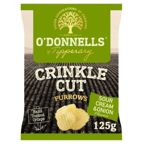 O'Donnells Crinkle Cut Furrows Sour Cream & Onion Flavour Hand Cooked Crisps 125g