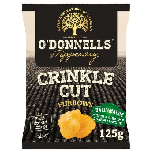 O'Donnells Crinkle Cut Furrows Ballymaloe Relish & Cheddar Cheese Flavour Hand Cooked Crisps 125g