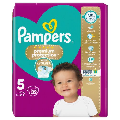 Pampers Premium Protection Size 5, 32 Baby Nappies, 11kg-16kg
