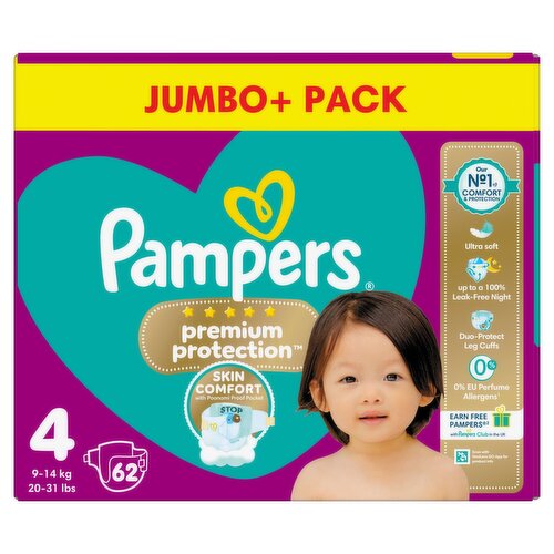 Pampers Premium Protection Size 4, 62 Baby Nappies, 9kg-14kg