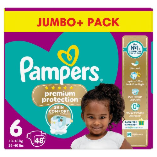 Pampers Premium Protection Size 6, 48 Baby Nappies, 13kg-18kg