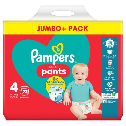 Pampers Baby-Dry Nappy Pants Size 4, 72 Nappies, 9kg-15kg, Jumbo+ Pack