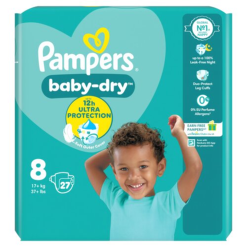 Pampers Baby-Dry Size 8, 27 Nappies, 17kg+, Essential Pack