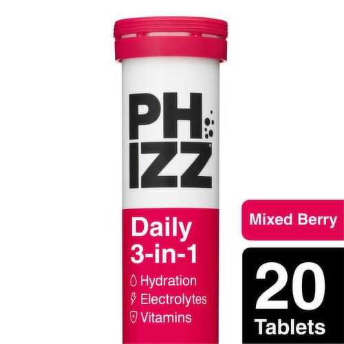 Phizz Daily 3-in1 Mixed Berry Hydration, Caffeine, Electrolytes & Vitamins Effervescent Tablets - 20 Tablets