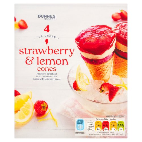 Dunnes Stores Strawberry & Lemon Cones Ice Cream 4 x 83g (332g)