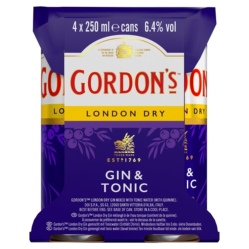 Gordon's London Dry Gin & Tonic Mixed Drink 4x250ml Can