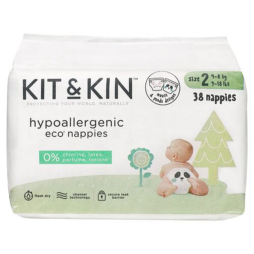 Kit & Kin Hypoallergenic Eco Nappies Size 2 4-8kg 9-18lbs 38 Nappies