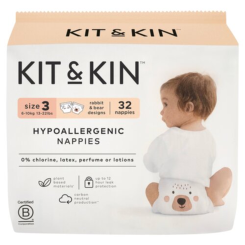 Kit & Kin Hypoallergenic Nappies Size 3 6-10kg 13-22lbs 32 Nappies