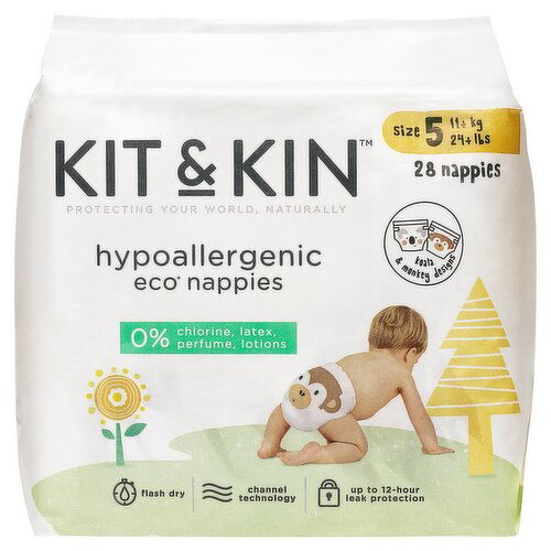 Kit & Kin Hypoallergenic Eco Nappies Size 5 11+kg 24+lbs 28 Nappies