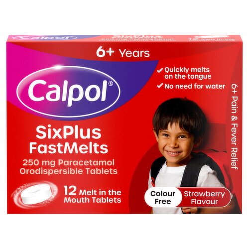 Calpol SixPlus FastMelts 6+ Years Strawberry Flavour 12 Melt in the Mouth Tablets